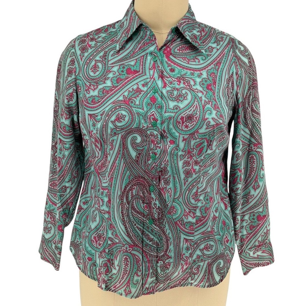 Jones‎ New York Shirt Teal Pink Paisley 100% Cotton 1X